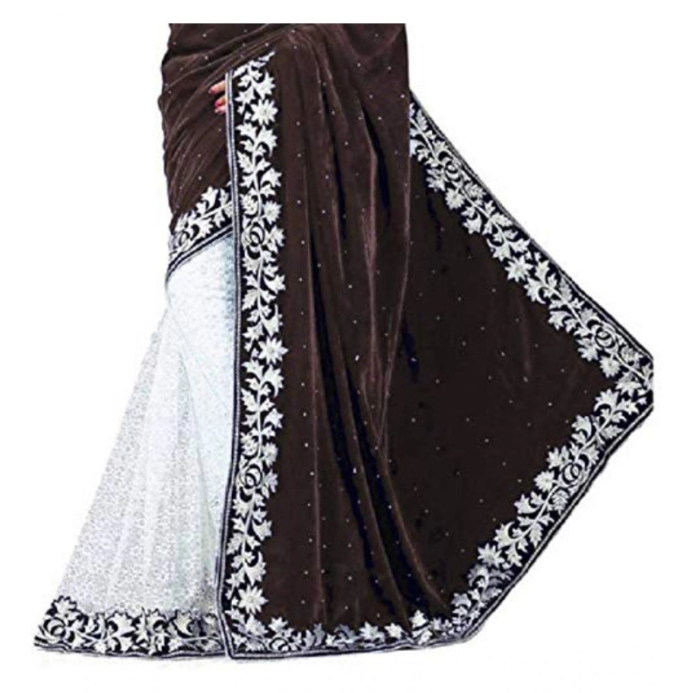 Voguish Velvet Embroidered Saree With Blouse Piece