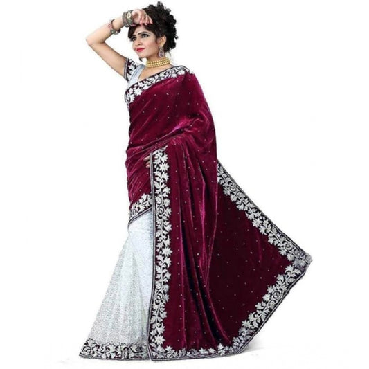 Voguish Velvet Embroidered Saree With Blouse Piece