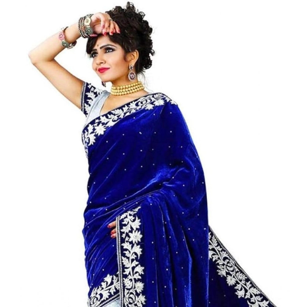 Voguish Velvet Embroidered Saree With Blouse Piece