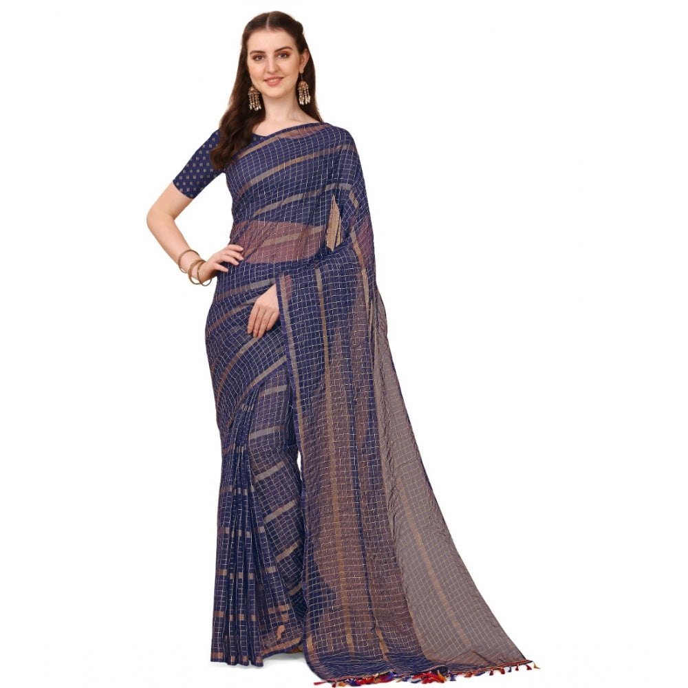 Incredible Silk Blend Checkered Saree With Blouse Piece