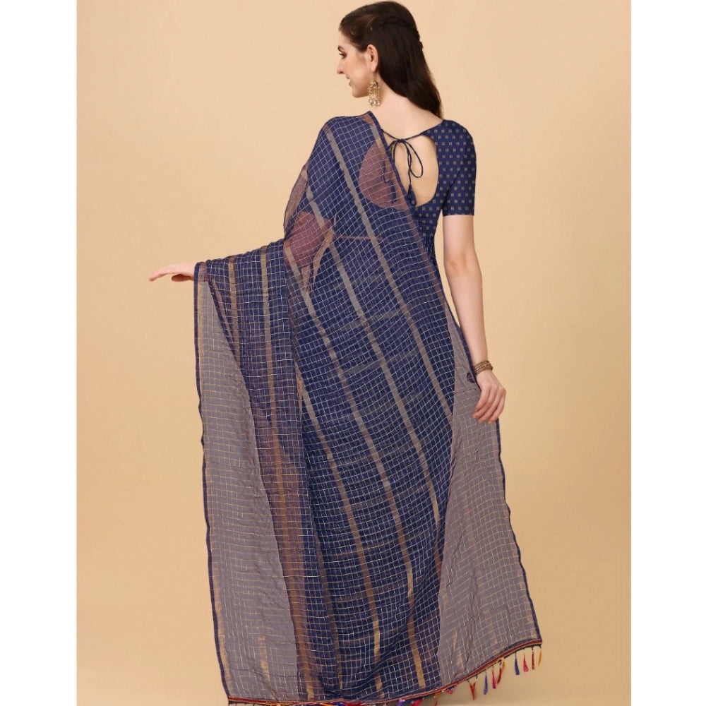 Incredible Silk Blend Checkered Saree With Blouse Piece