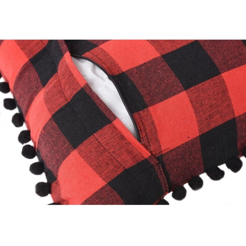 Sensational Pack Of 2 Cotton Checkered Cushion Cover With Pom Pom