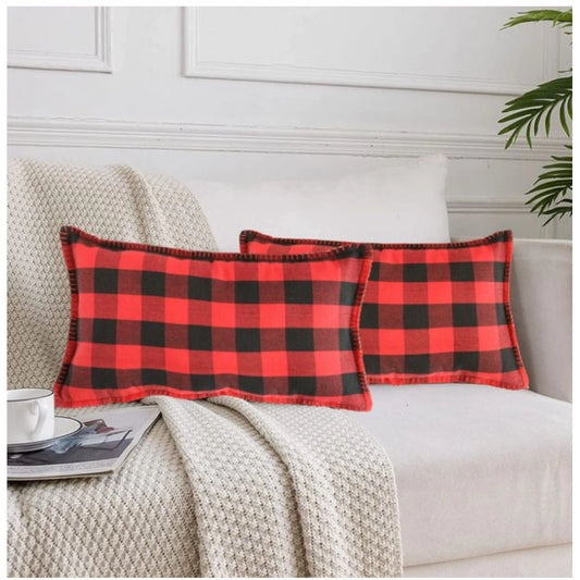 Stylish Pack Of 2 Cotton Checkered Cushion Cover With Blanket Stitch