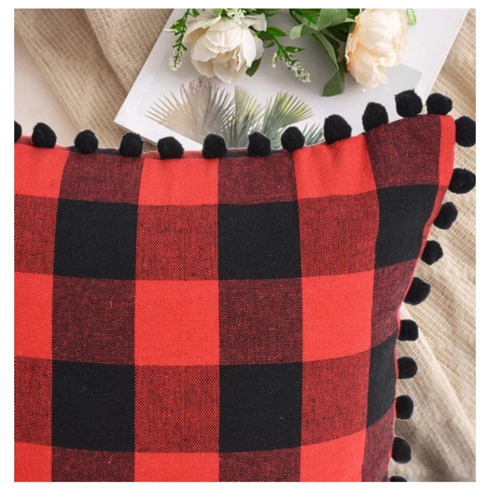 Sensational Pack Of 2 Cotton Checkered Cushion Cover With Pom Pom