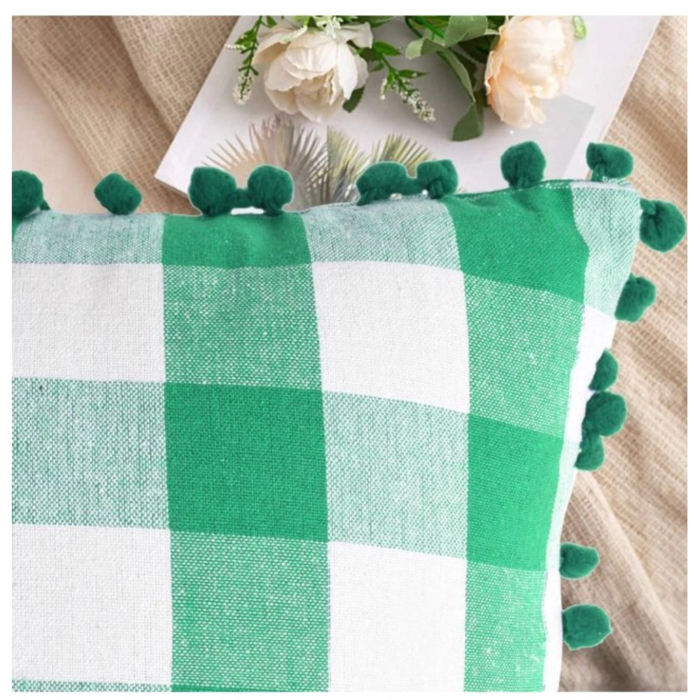 Sensational Pack Of 2 Cotton Checkered Cushion Cover With Pom Pom