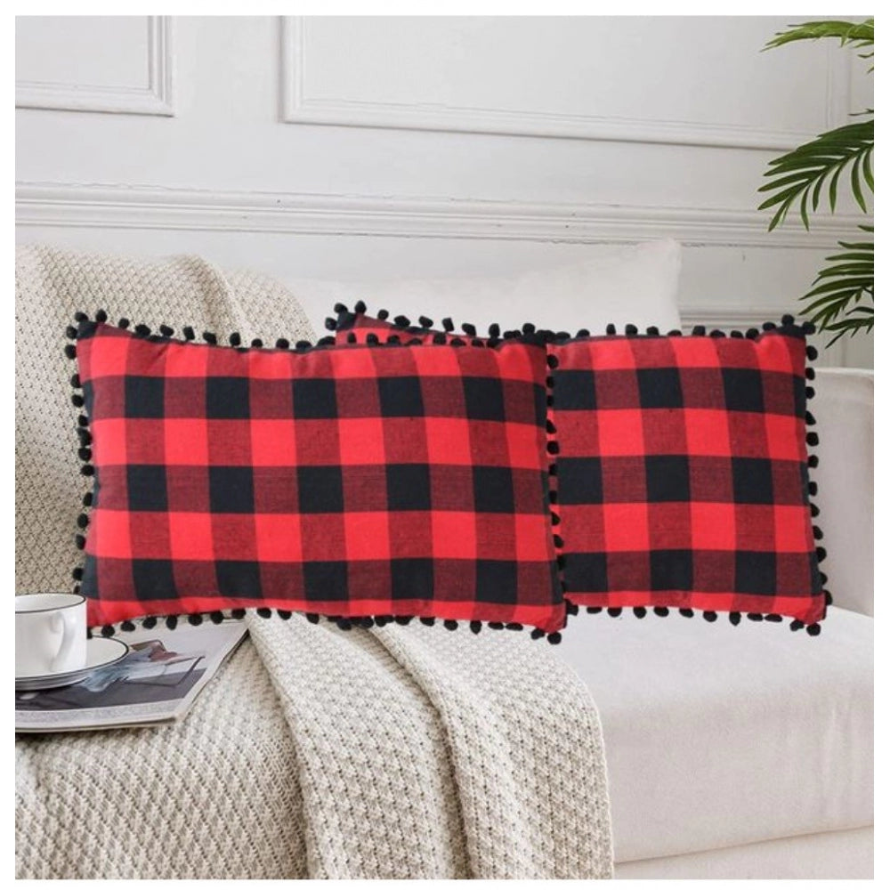 Sensational Pack Of 2 Cotton Checkered Cushion Cover With Pom Pom