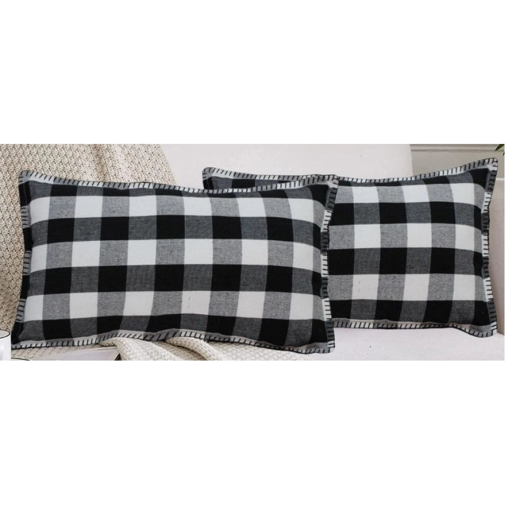 Stylish Pack Of 2 Cotton Checkered Cushion Cover With Blanket Stitch