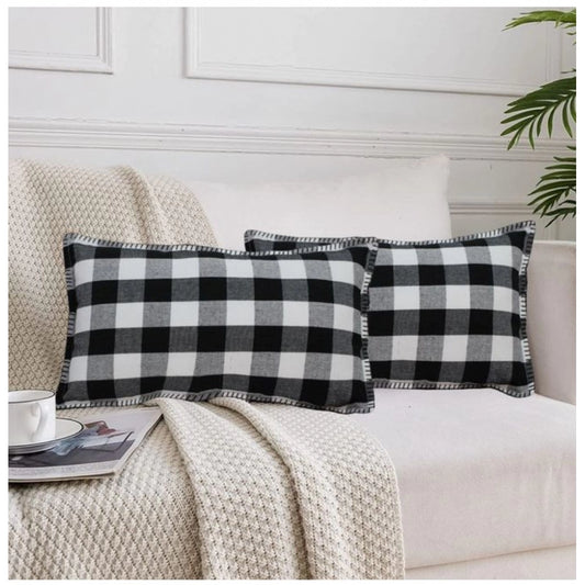 Stylish Pack Of 2 Cotton Checkered Cushion Cover With Blanket Stitch