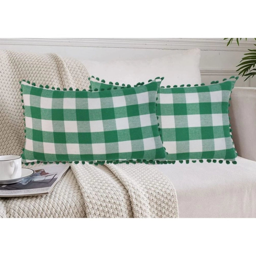 Sensational Pack Of 2 Cotton Checkered Cushion Cover With Pom Pom