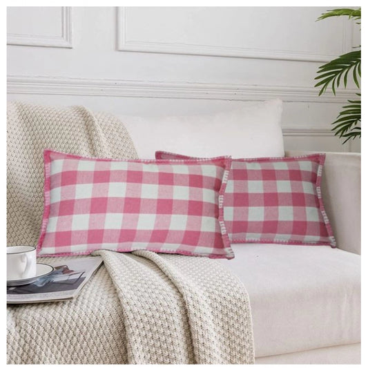 Stylish Pack Of 2 Cotton Checkered Cushion Cover With Blanket Stitch