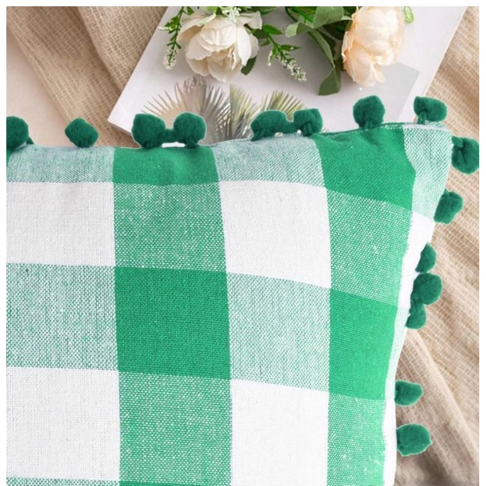 Sensational Pack Of 2 Cotton Checkered Cushion Cover With Pom Pom