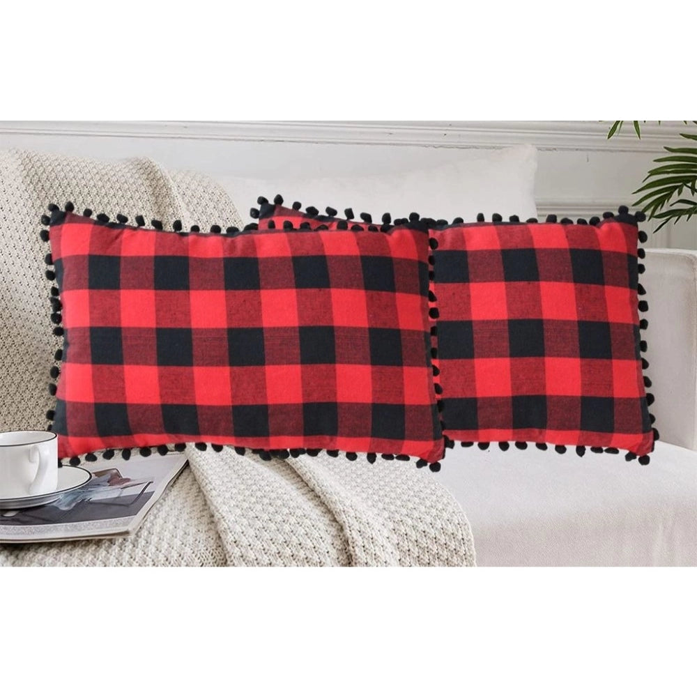 Sensational Pack Of 2 Cotton Checkered Cushion Cover With Pom Pom