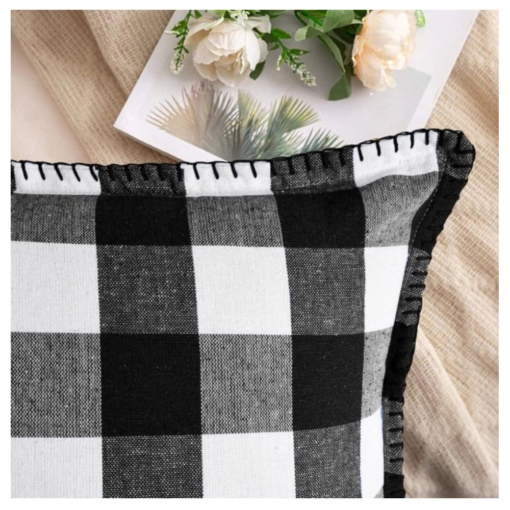 Stylish Pack Of 2 Cotton Checkered Cushion Cover With Blanket Stitch