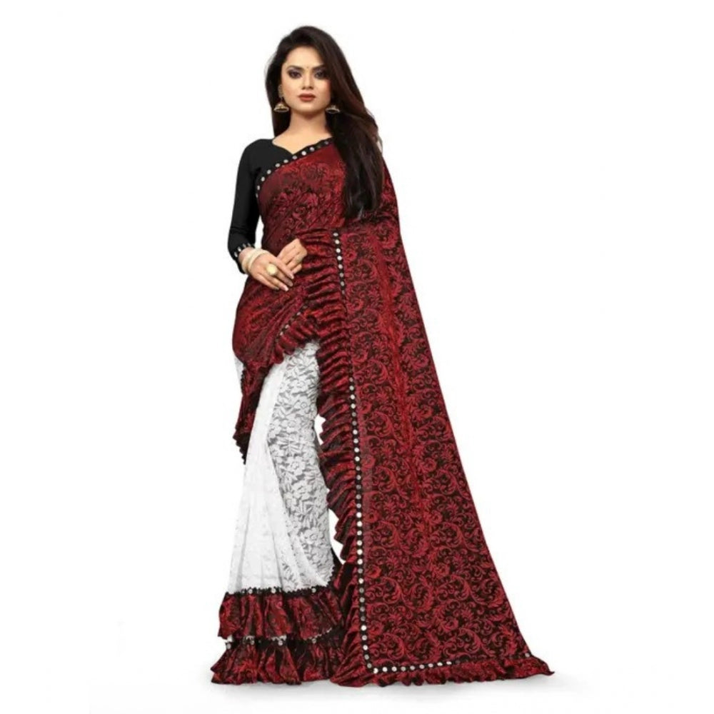 Dashing Silk With Mirror Lace Solid Saree With Blouse Piece