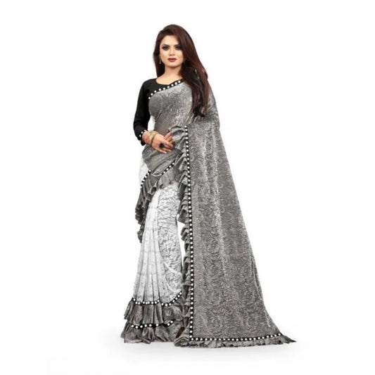 Dashing Silk With Mirror Lace Solid Saree With Blouse Piece