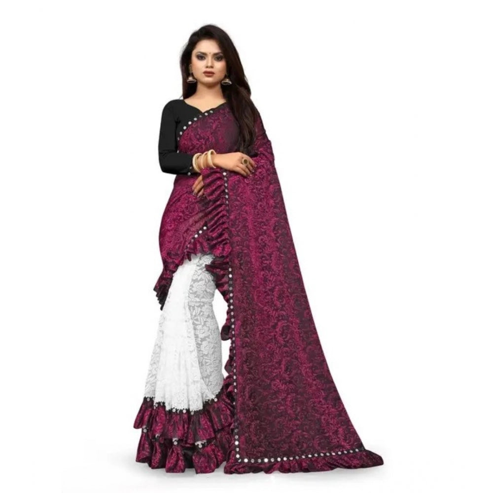 Dashing Silk With Mirror Lace Solid Saree With Blouse Piece