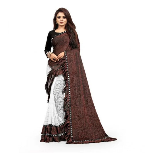 Dashing Silk With Mirror Lace Solid Saree With Blouse Piece