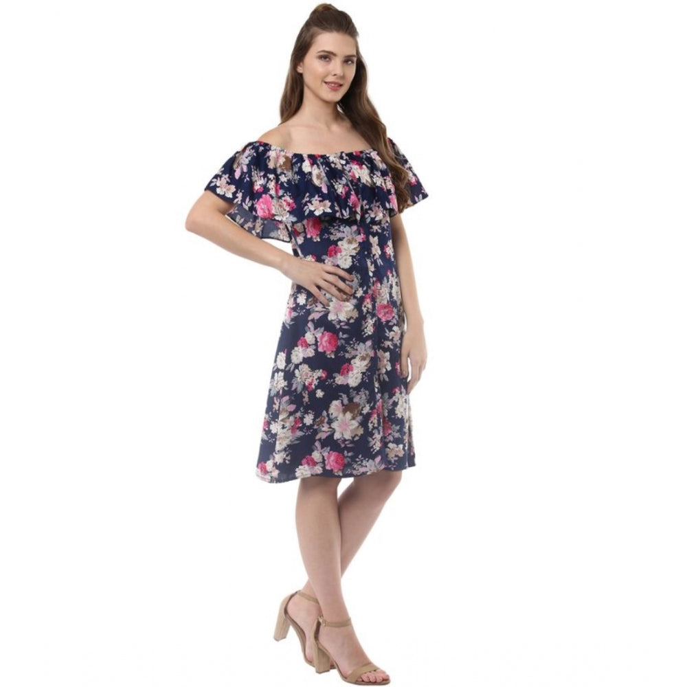 Sophisticated Polyester Crepe Floral Half Sleeve Above Knee Dress