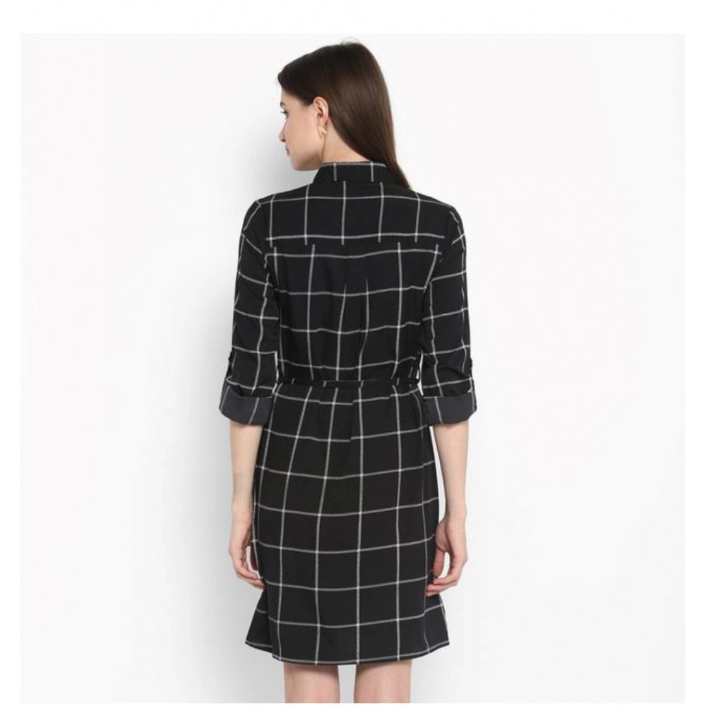 Sophisticated Polyester Checkered Roll Up Sleeve Above Knee Dress