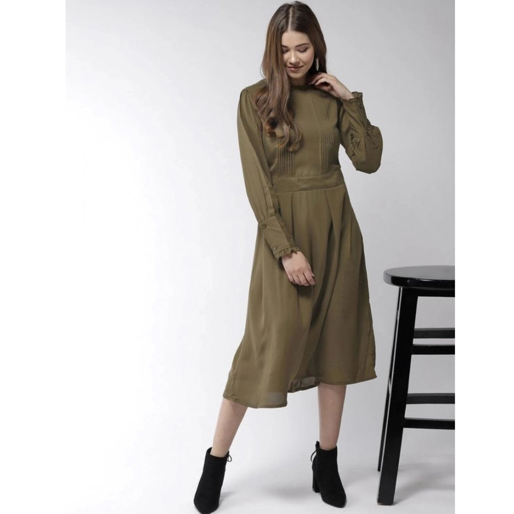 Appealing Polyester Pintuck Long Sleeves Below Knee Dress