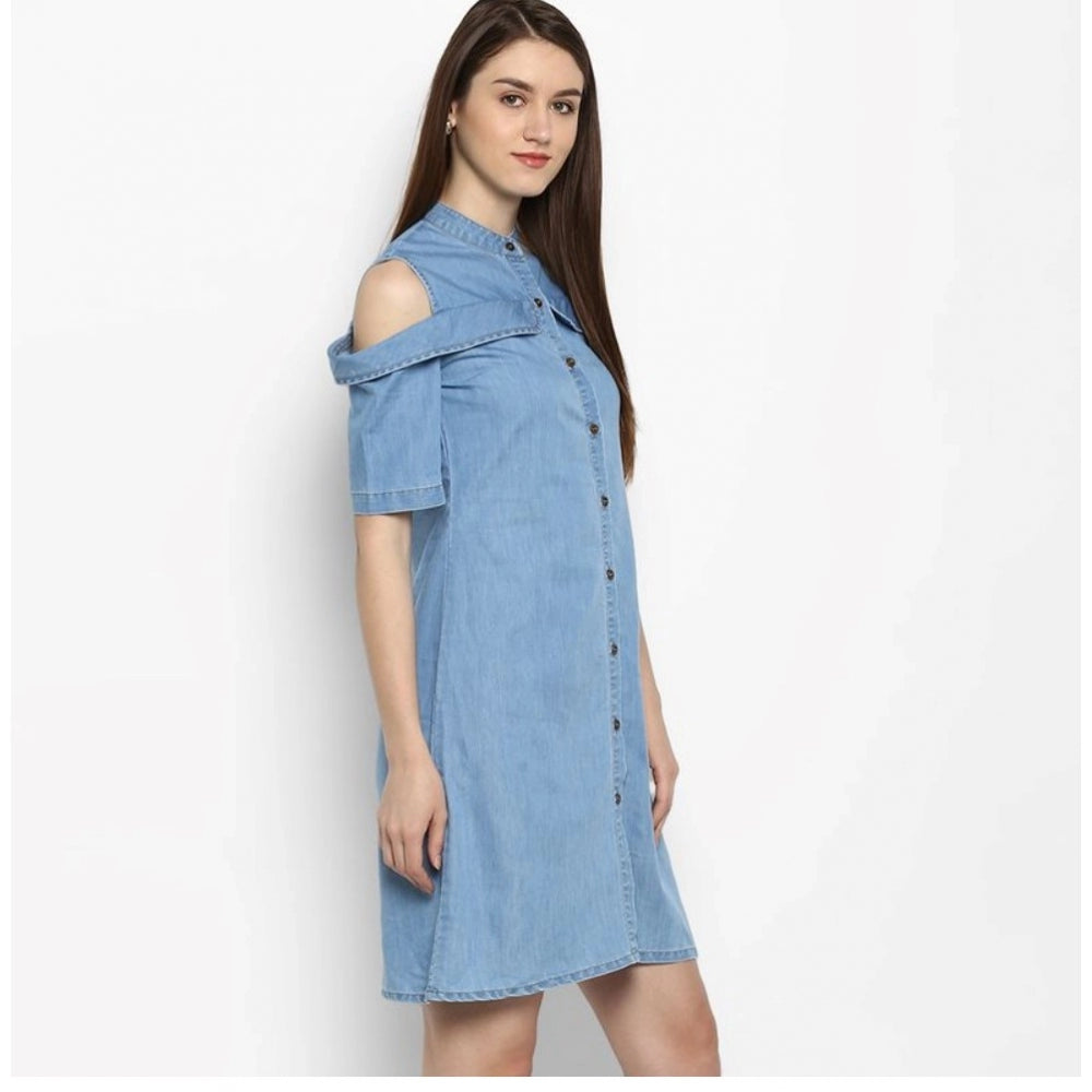 Glorious Denim Solid Cold Shoulder Above Knee Dress