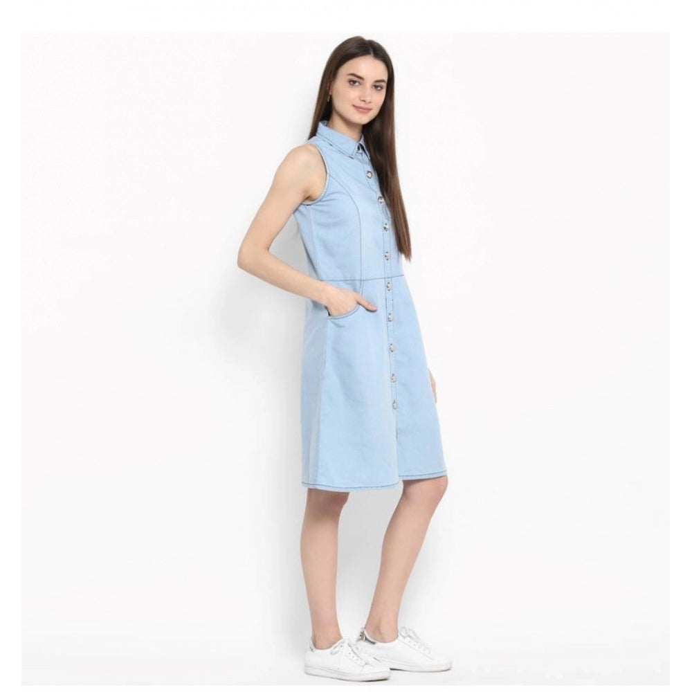 Glorious Denim Solid Sleeveless Below Knee Dress