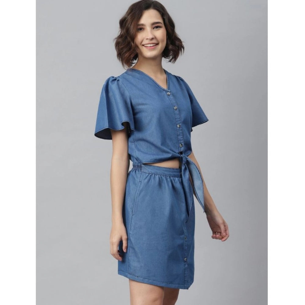 Glorious Denim Solid Flutter Above Knee Dress