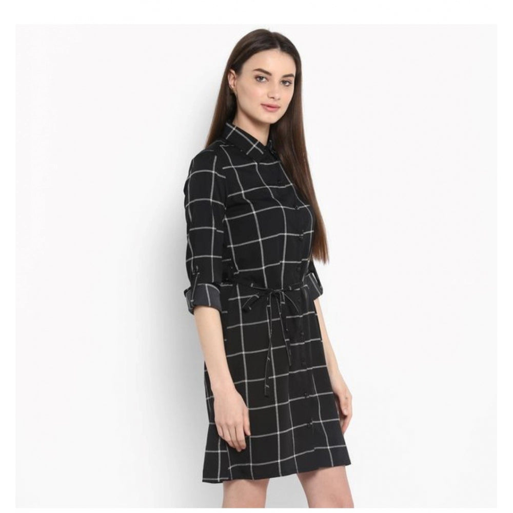 Sophisticated Polyester Checkered Roll Up Sleeve Above Knee Dress