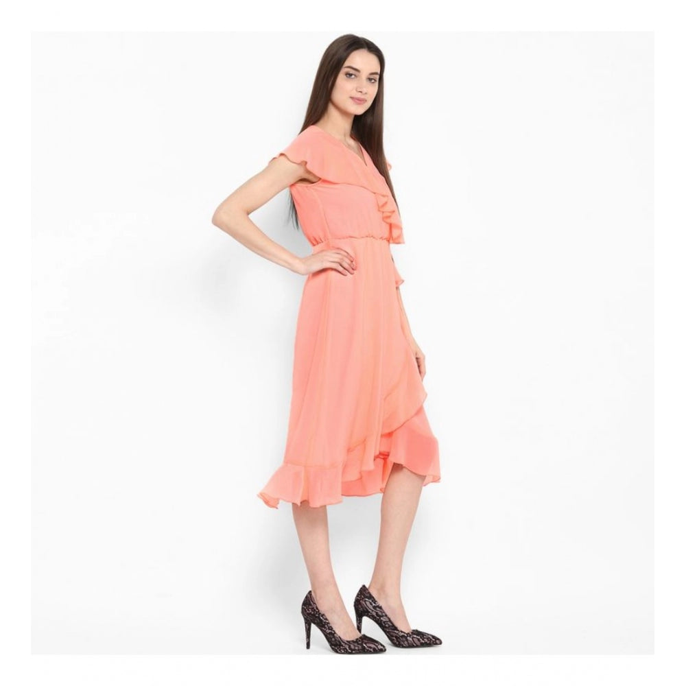 Luxurious Polyester Ruffled Cap Sleeve Below Knee Dress