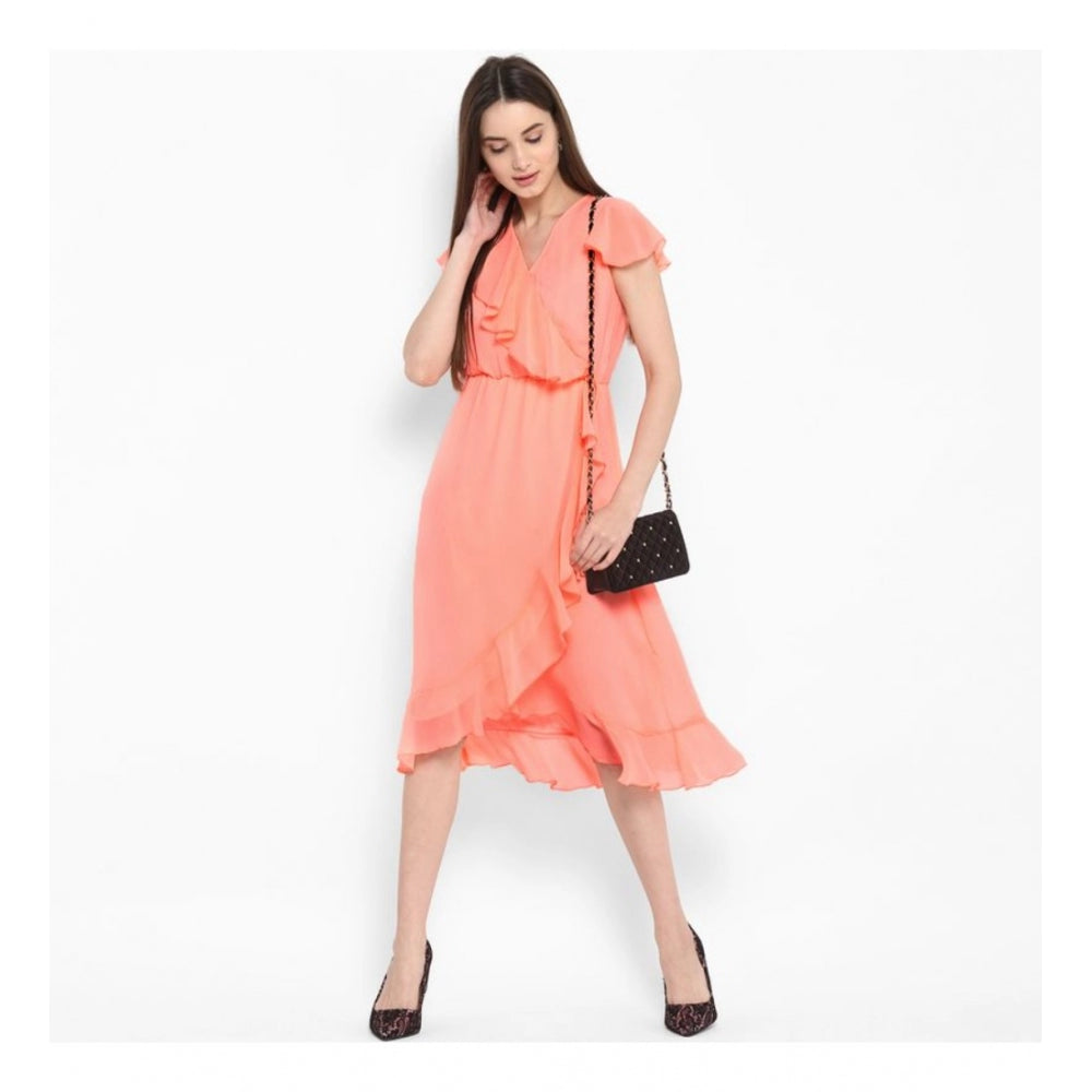 Luxurious Polyester Ruffled Cap Sleeve Below Knee Dress