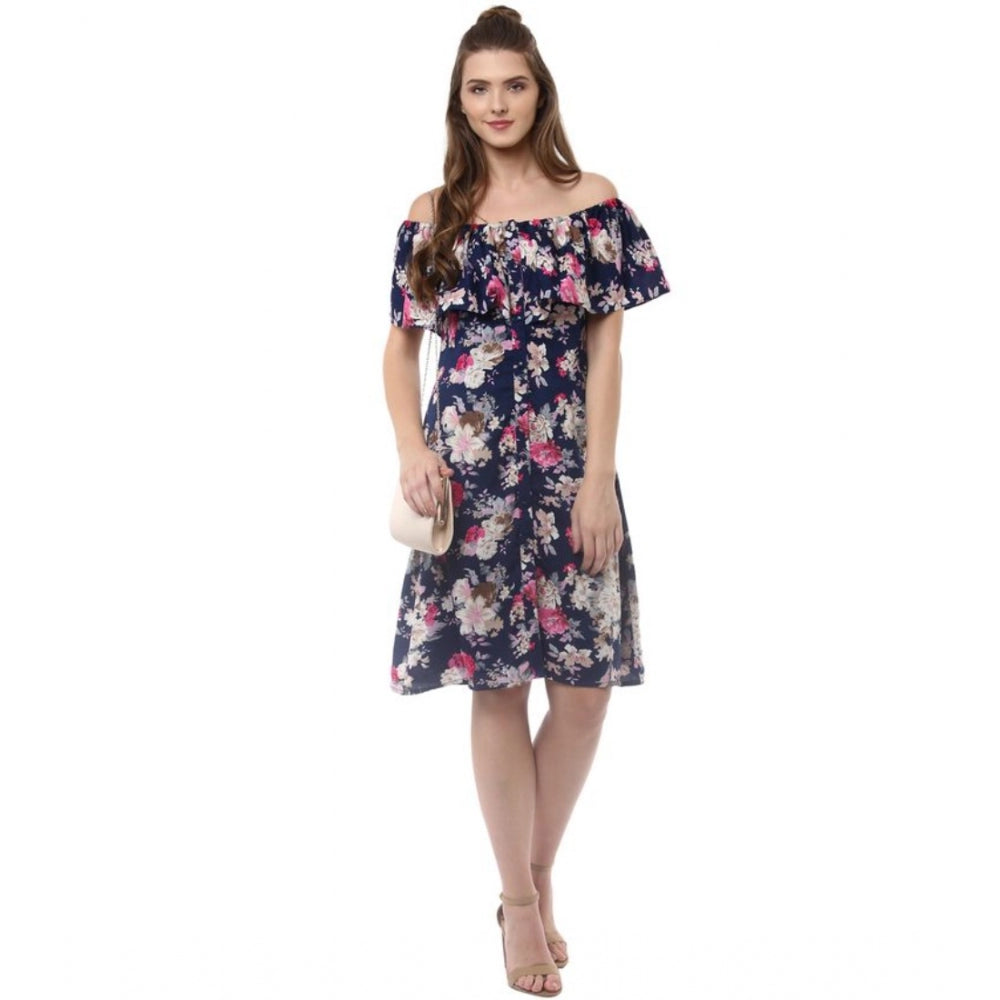 Sophisticated Polyester Crepe Floral Half Sleeve Above Knee Dress