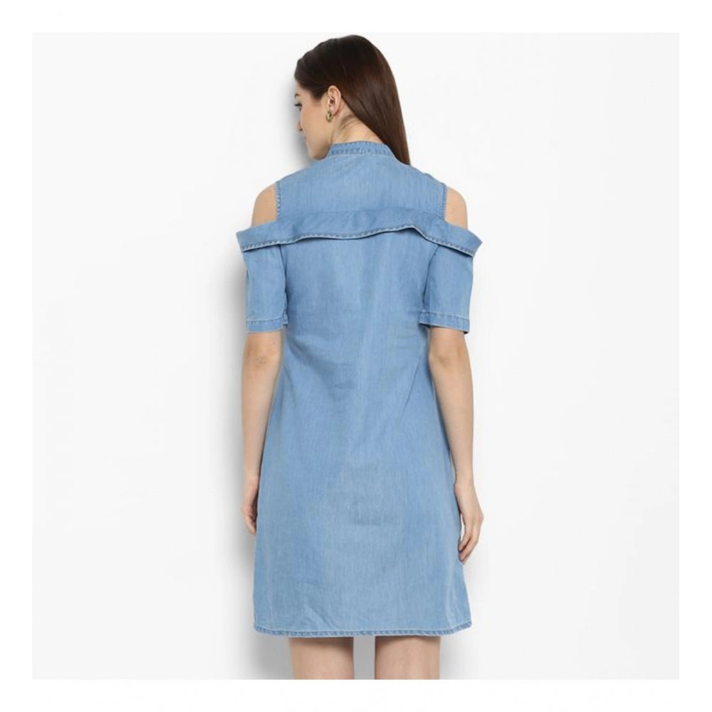 Glorious Denim Solid Cold Shoulder Above Knee Dress