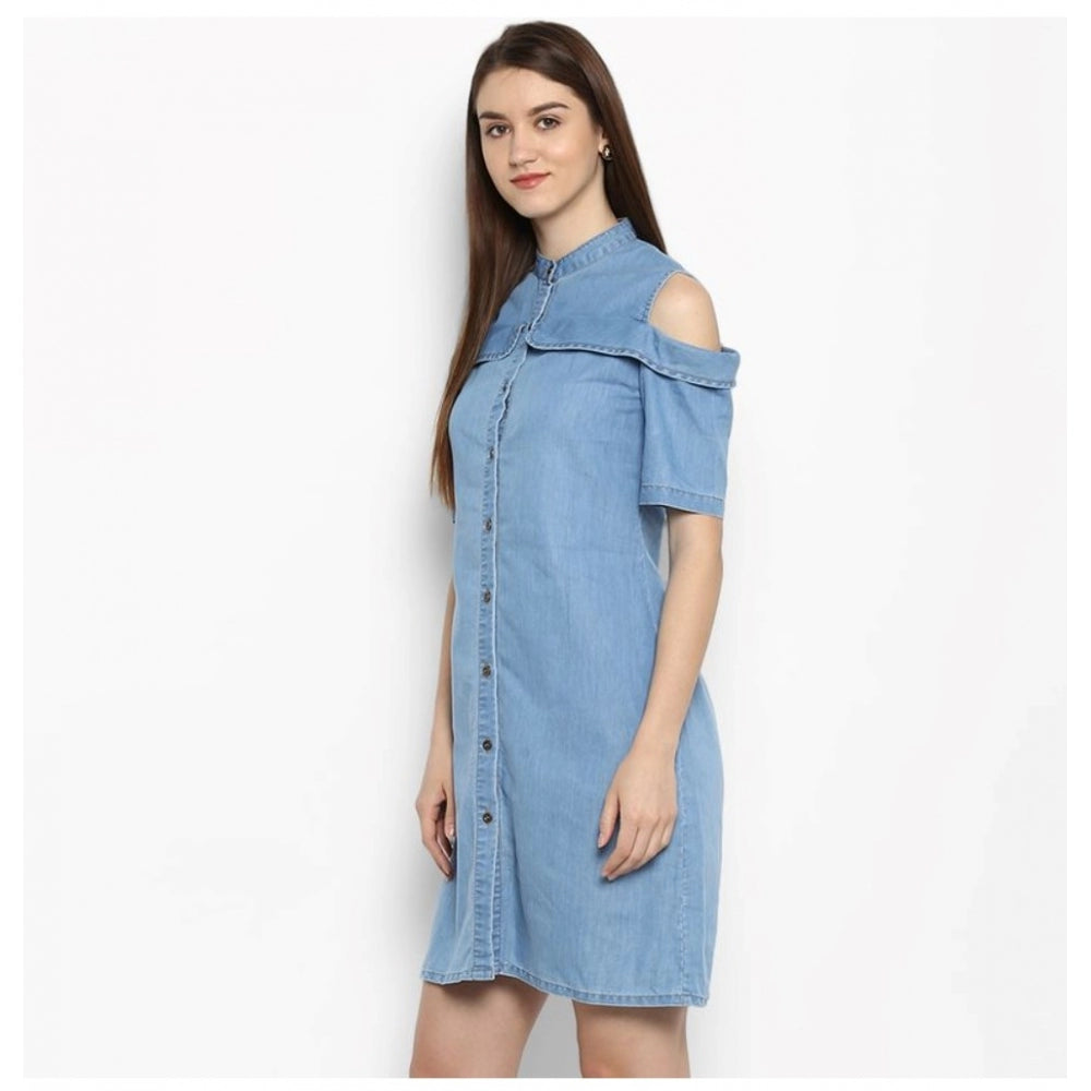 Glorious Denim Solid Cold Shoulder Above Knee Dress