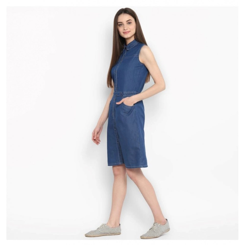 Glorious Denim Solid Sleeveless Above Knee Dress