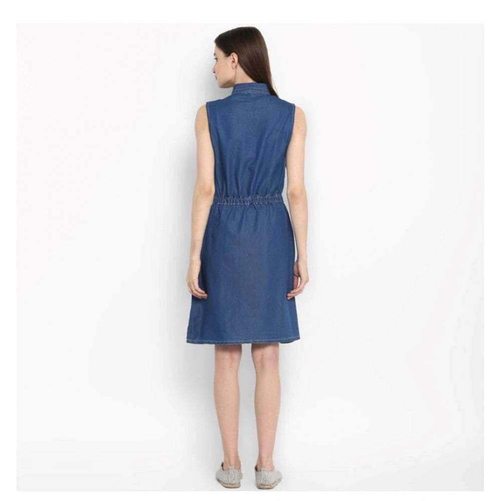 Glorious Denim Solid Sleeveless Above Knee Dress