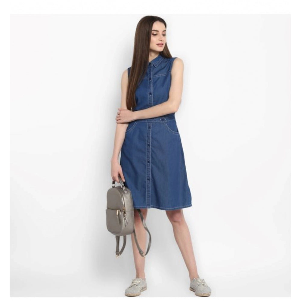 Glorious Denim Solid Sleeveless Above Knee Dress