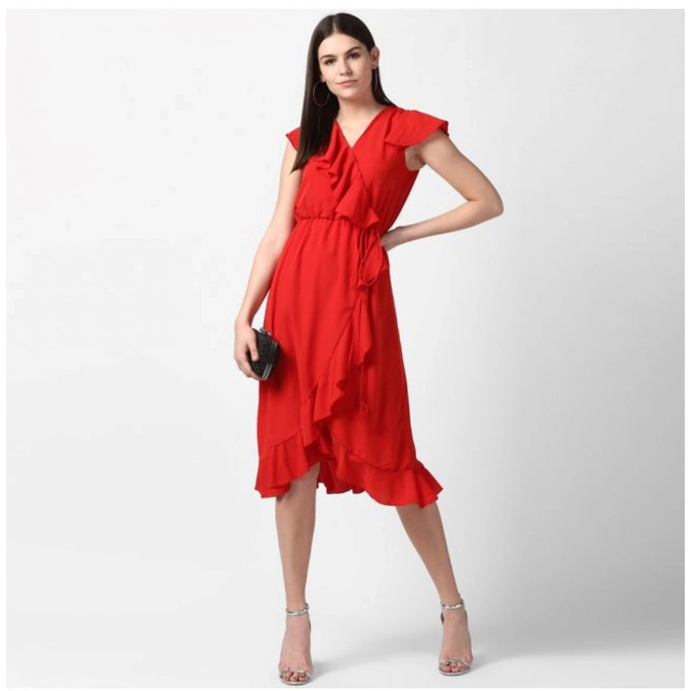 Luxurious Polyester Ruffled Cap Sleeve Knee Length Dress