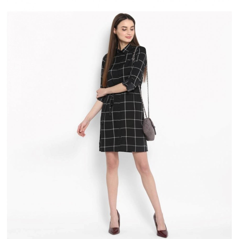 Sophisticated Polyester Checkered Roll Up Sleeve Above Knee Dress