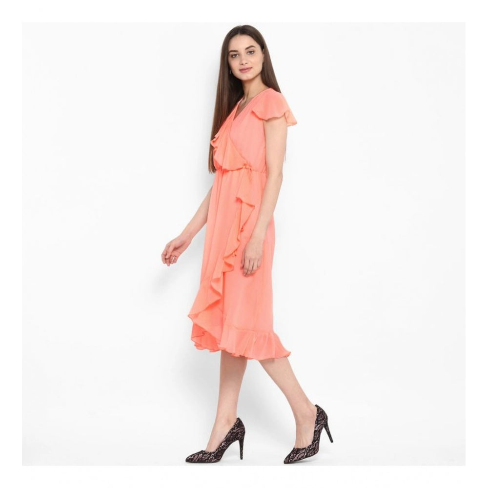 Luxurious Polyester Ruffled Cap Sleeve Below Knee Dress