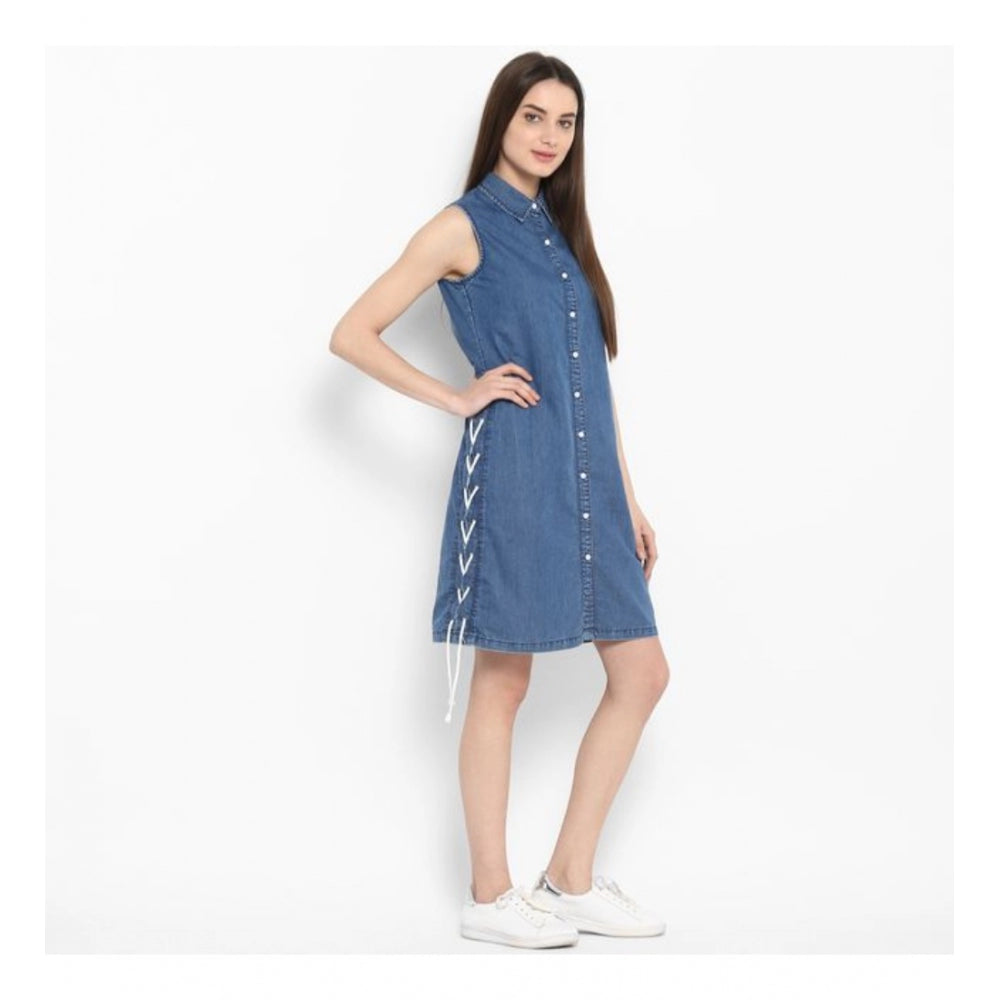 Glorious Denim Solid Sleeveless Above Knee Dress