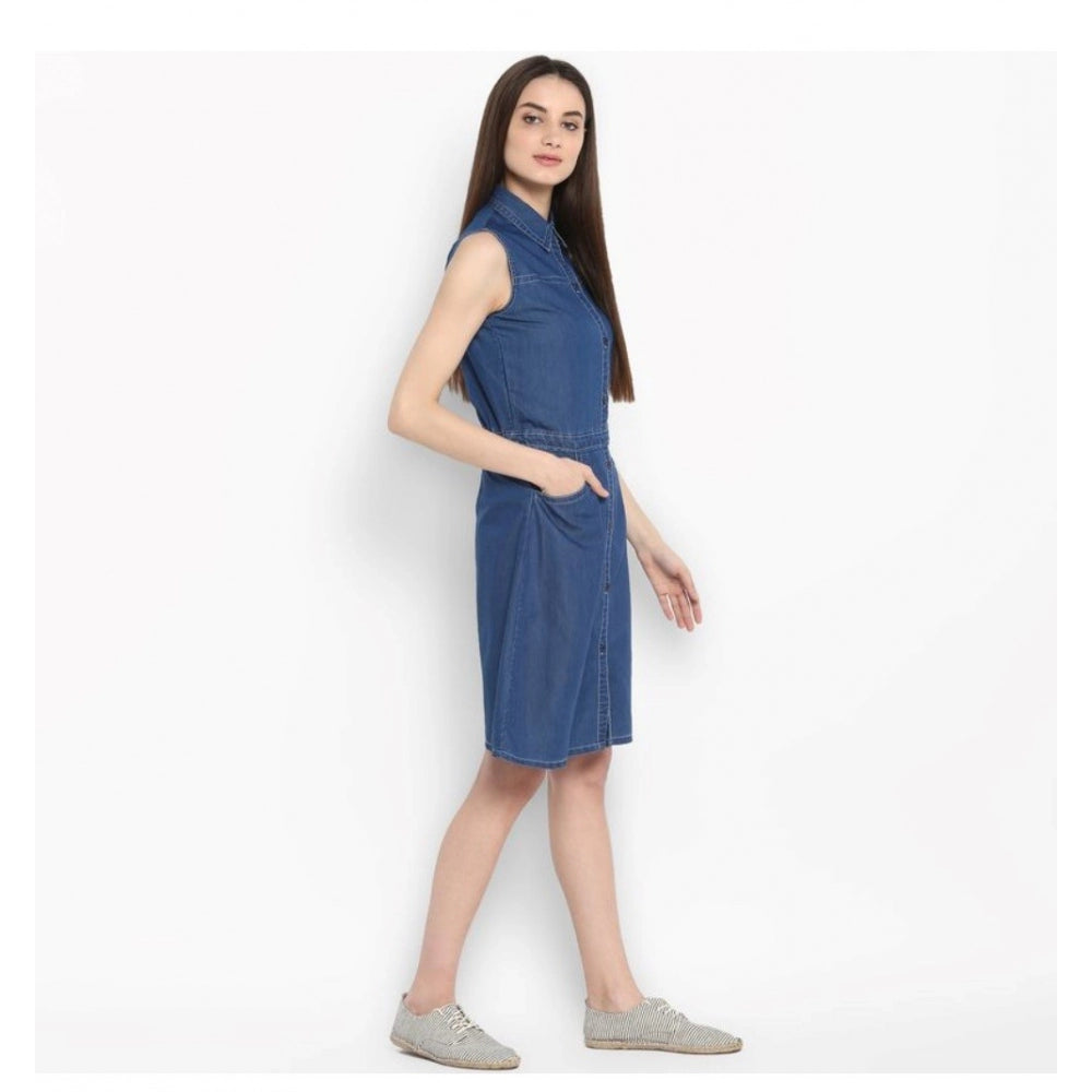 Glorious Denim Solid Sleeveless Above Knee Dress