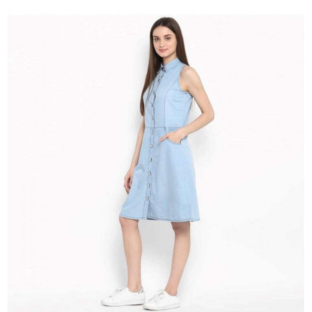 Glorious Denim Solid Sleeveless Below Knee Dress