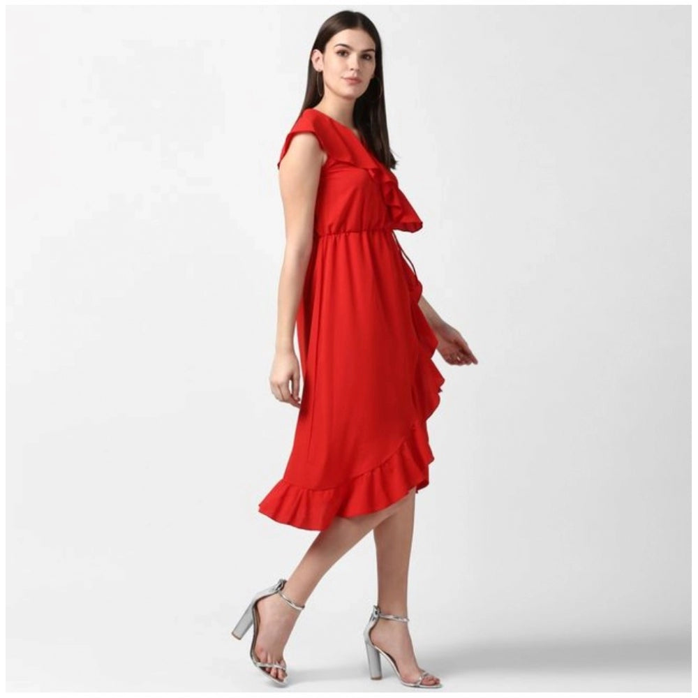 Luxurious Polyester Ruffled Cap Sleeve Knee Length Dress