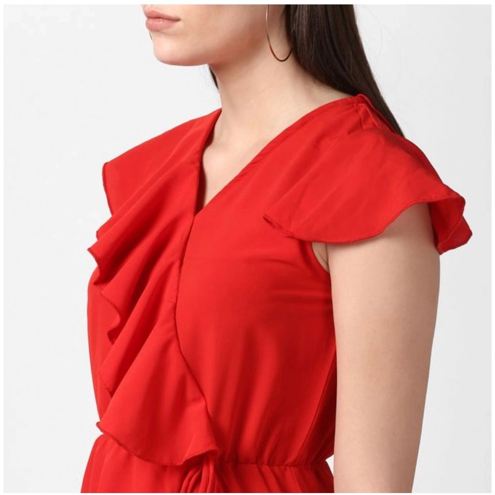 Luxurious Polyester Ruffled Cap Sleeve Knee Length Dress