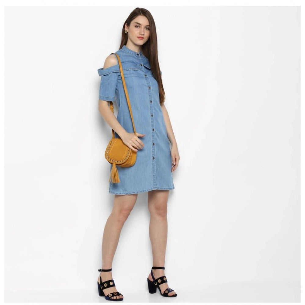 Glorious Denim Solid Cold Shoulder Above Knee Dress