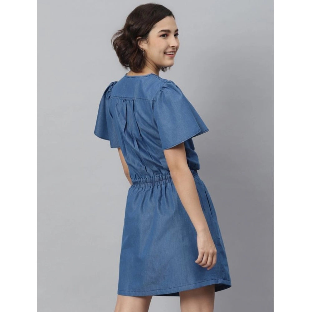 Glorious Denim Solid Flutter Above Knee Dress