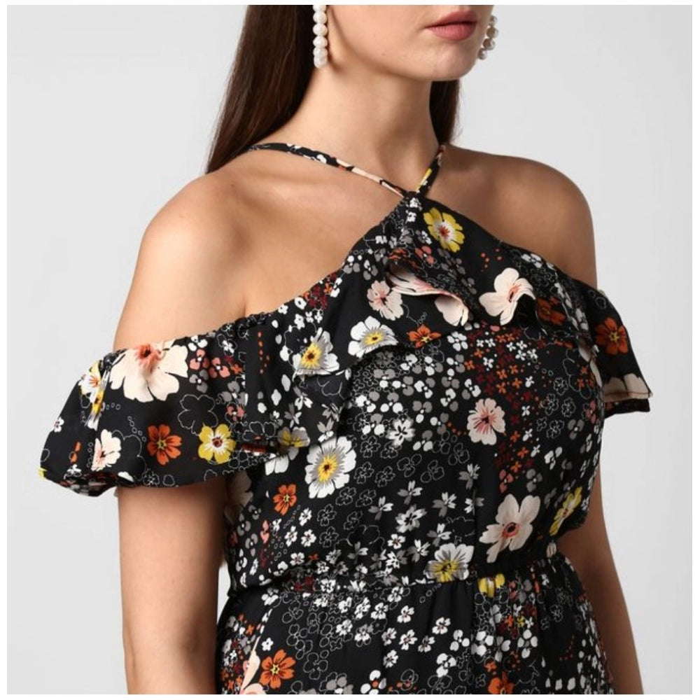 Sophisticated Polyester Floral Cold Shoulder Above Knee Dress