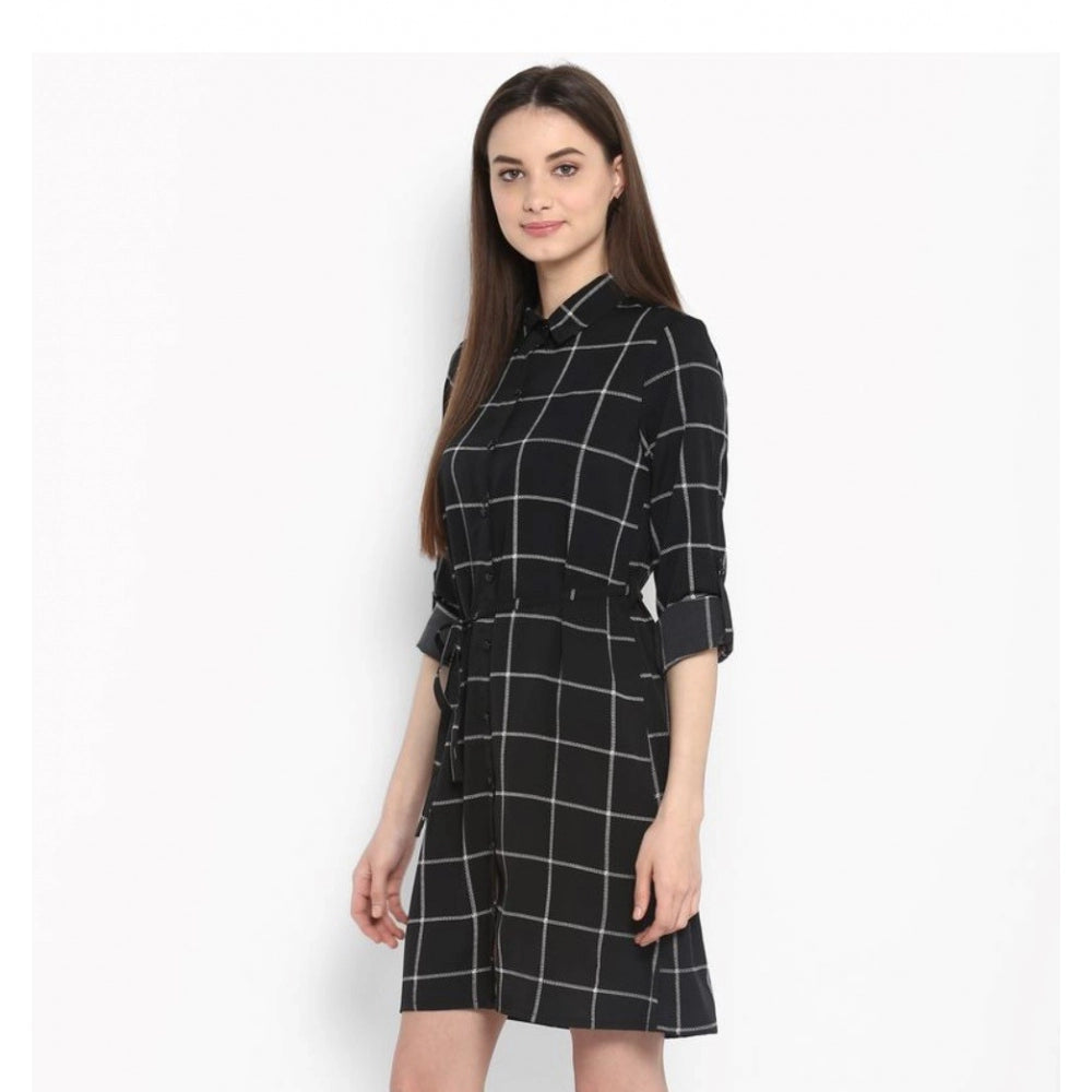 Sophisticated Polyester Checkered Roll Up Sleeve Above Knee Dress