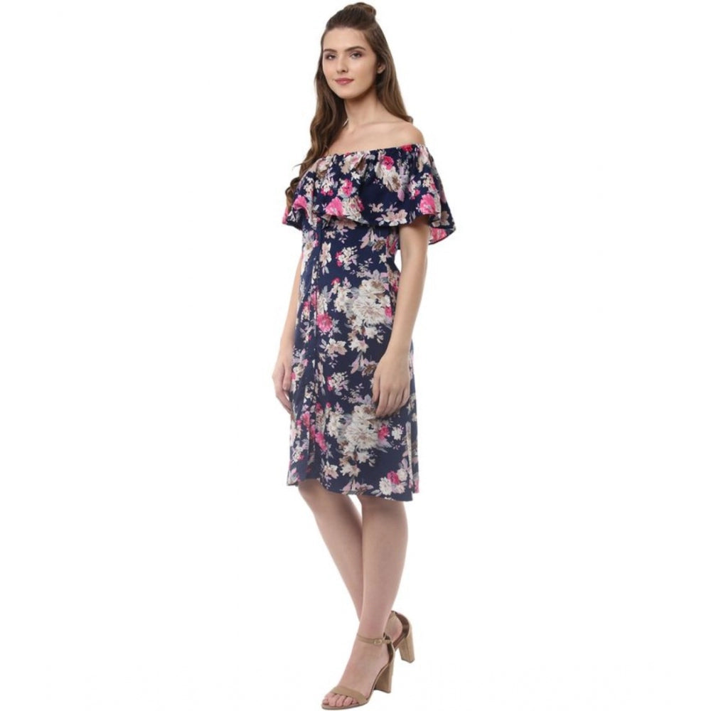 Sophisticated Polyester Crepe Floral Half Sleeve Above Knee Dress