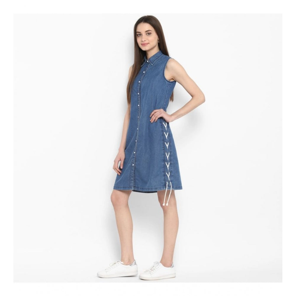 Glorious Denim Solid Sleeveless Above Knee Dress